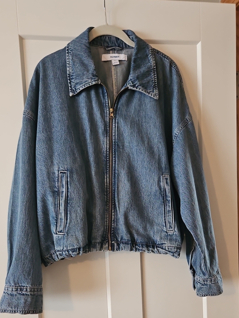 Old Navy Medium Blue Denim Bubble Hem Zip-Front Jacket XL